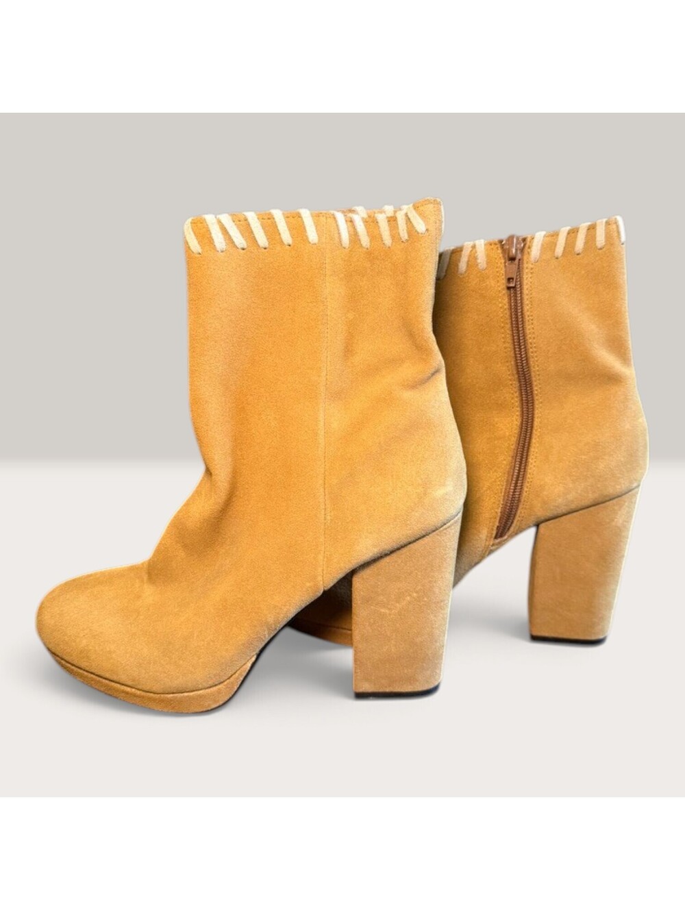Urban Outfitters Sz 9 Tan Suede Platform Ankle Boots Whipstitch Block Heel